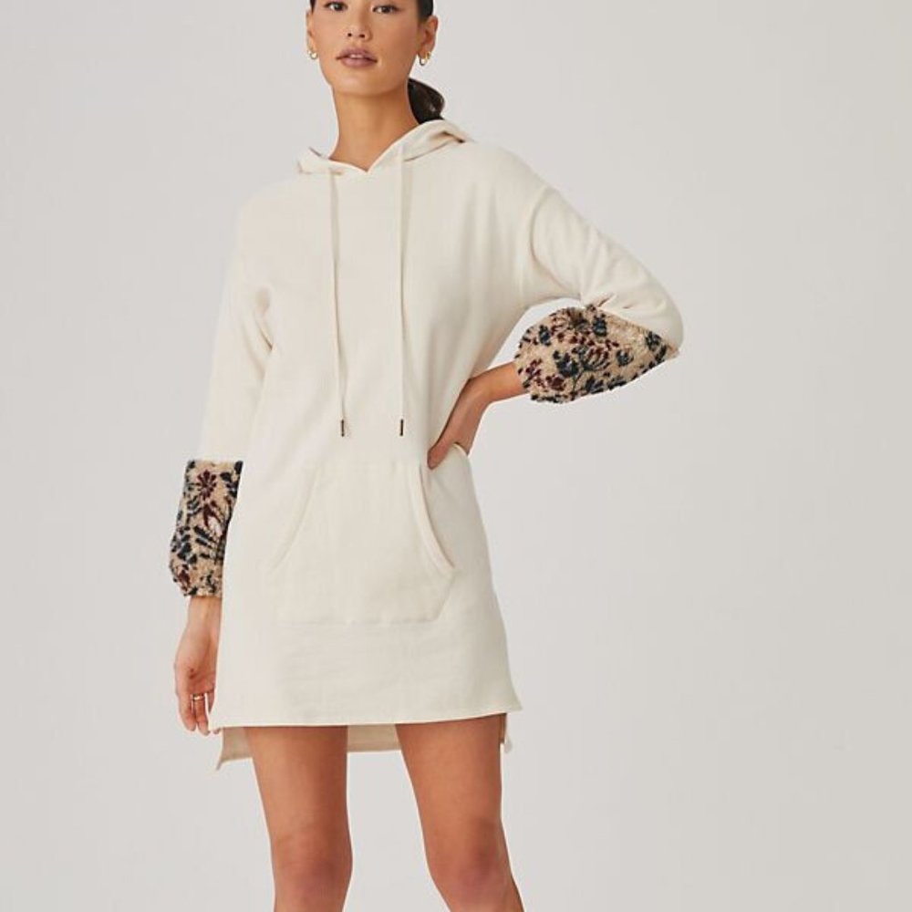Anthropologie Amadi M NWT Hoodie Tunic Mini Dress Faux Fur Lounge Sweatshirt - Picture 1 of 4